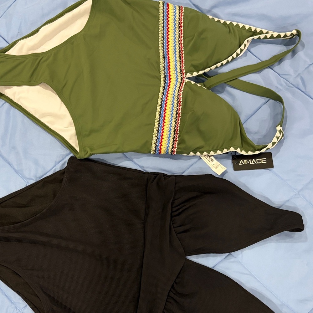 Two swim suits  Olive Green One-Piece with Multicolor Waistband and Black one